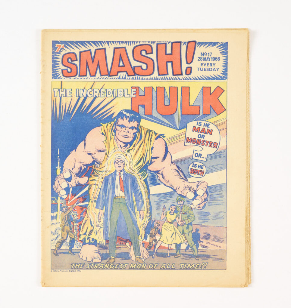 SMASH! No 17 (1966), featuring the first published appearance of The Incredible Hulk #1 cover outside the United States (Hulk's skin is flesh-coloured here, not the original grey)