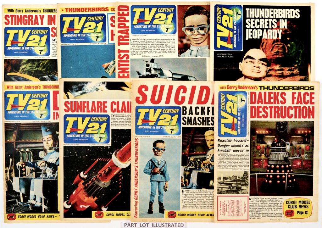 TV Century 21 (1966-67) 50, 51, 59-104. Starring Thunderbirds by Frank Bellamy, The Daleks by Ron Turner, Lady Penelope, Supercar, Stingray, My Favourite Martian and Fireball XL5. Some pages in some issues missing, see auction for details 