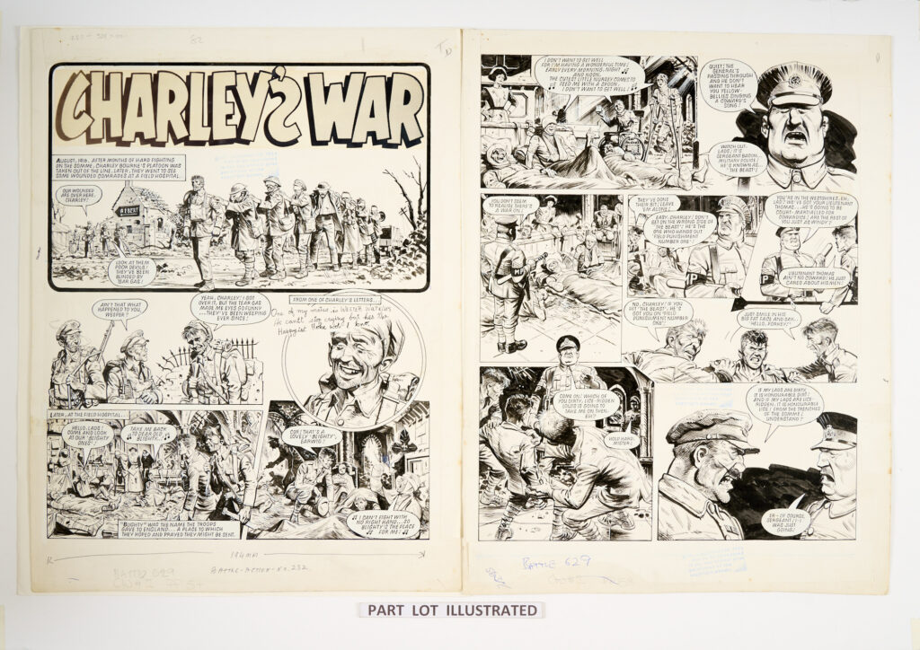Charley's War (1979): 3 original artworks by Joe Colquhoun with script by Pat Mills for Battle-Action No 232 pgs 2, 3 & 4. 'August, 1916. After months of hard fighting on the Somme, Charley Bourne's platoon was taken out of the line. Later they went to see some wounded comrades at the field hospital'. Pen and ink on card. 18 x 15 ins (3 artworks)
