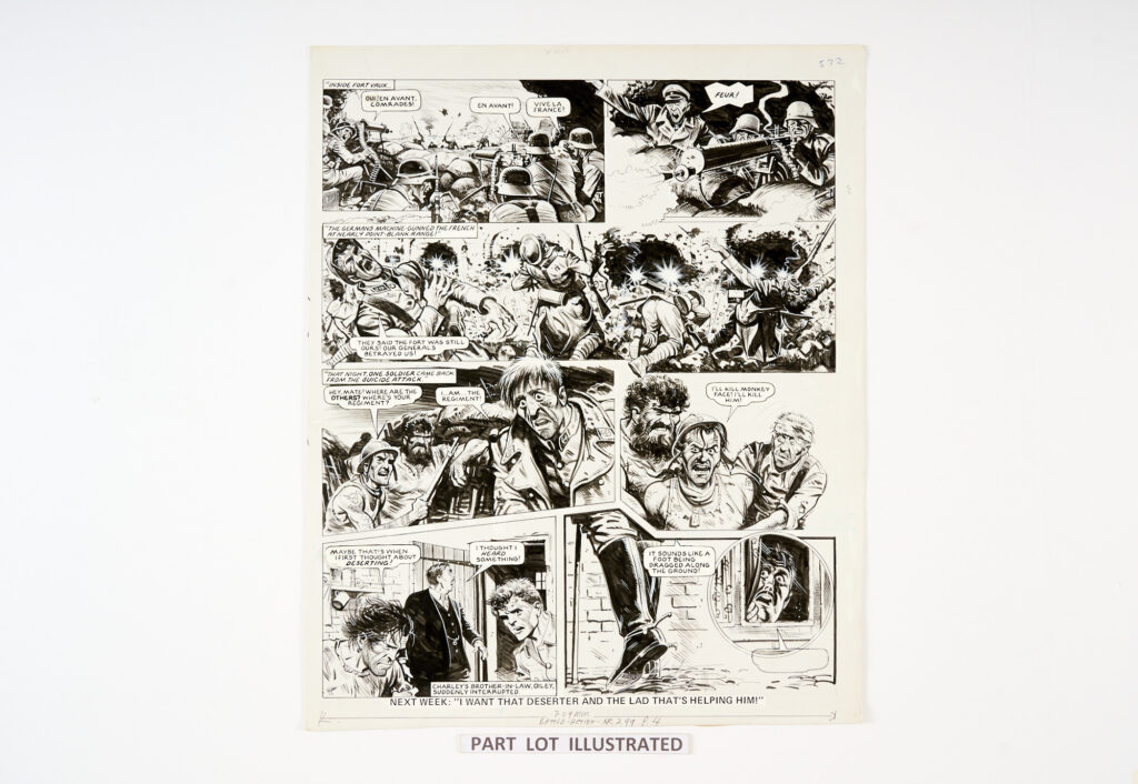 Charley's War (1979): 3 original artworks by Joe Colquhoun with script by Pat Mills for Battle-Action No 298 pgs 16, 17 and 299 pg 4. ' March 1917. Charley Bourne had discovered a deserter hiding in his house… a Briton of the French Foreign Legion called Blue. He told Charley about the German siege of Fort Vieux... now in its sixth day. Pen and ink on card, missing one speech balloon. 18 x 15 ins (3 artworks)