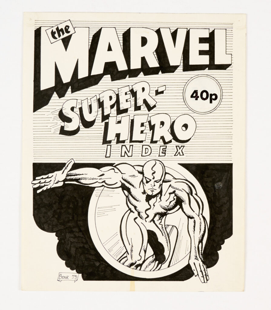 Silver Surfer original fanzine cover artwork drawn and signed by 'Bonk' Alecks Waszynko for The Marvel Super-Hero Index (1973). From the Alan Austin Archive of original artwork. Proceeds to Kidney Cancer UK. Pen and ink on card, 8 x 10 ins.