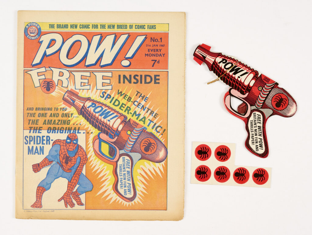 POW! No 1 (1967) With Free Gift Spider-Matic Gun and all 6 Spider Disc Bullets in original press-out card. Reprinting The Amazing Spider-Man # 1. The Dolls of St. Dominics, Nick Fury, S.H.I.E.L.D, Wee Willie Harris the Spy from Skye and Dare-A-Day Davy by Ken Reid