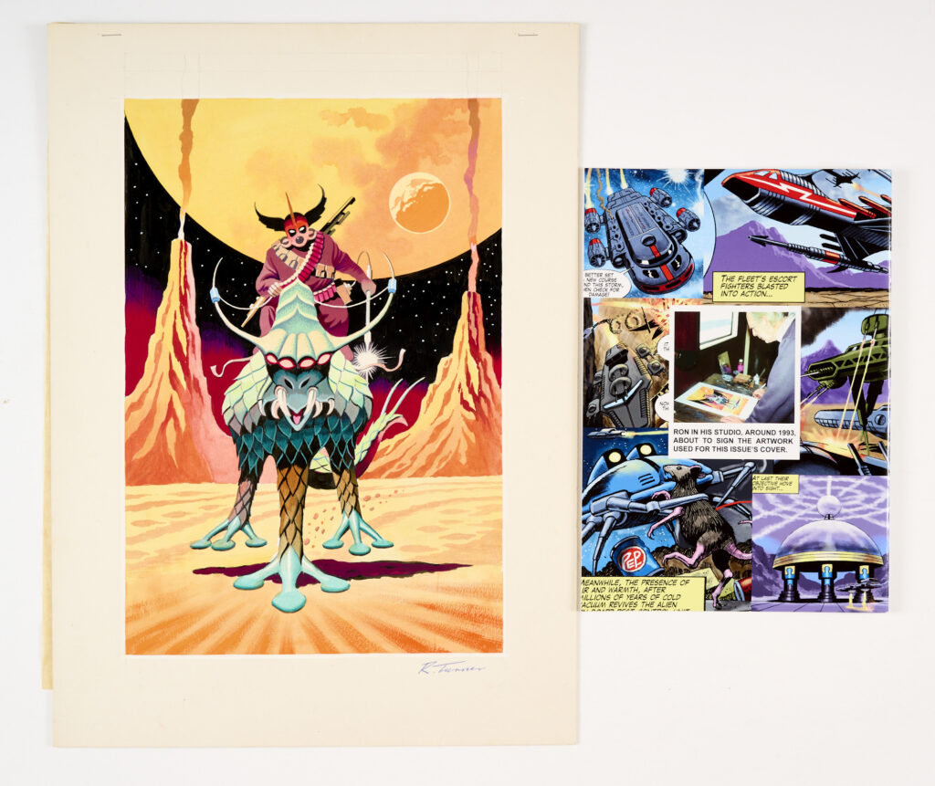 Commander Valkron astride his monster Trilog mount, original front cover artwork (1998) painted and signed by Ron Turner for 'Beyond-A Ron Turner Special' magazine (included in the lot) by John Lawrence and highlighted in The Killing Zone fiction strip within. With original Turner pencil sketch from which the story was created. Also illustrated as the cover for The Enemy Empire by Gryphon Books, NY and on pg 342 of 'The Fantastic Art of Ron Turner'. Poster colour on board. 19 x 14 ins (3)