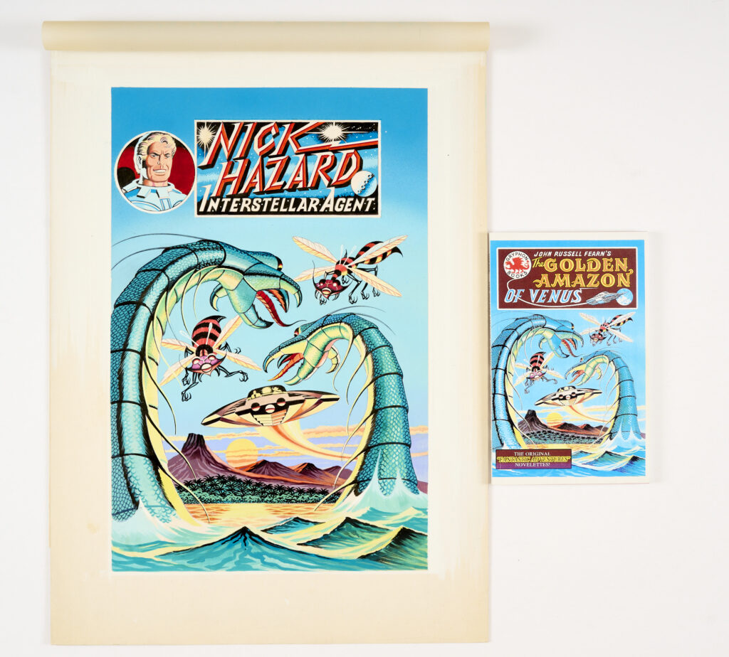 Nick Hazard Inter-stellar Agent re-creation artwork (1990s) by Ron Turner and later used as a Gryphon Books, NY original artwork for The Golden Amazon of Venus cover (included in the lot). Poster colour on board. 14 x 19½"