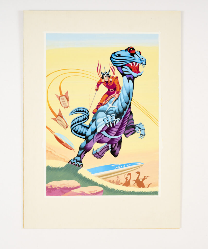 The Scourge of the Carbon Belt re-creation artwork (1990s) by Ron Turner for Tit-Bits Science Fiction Comics No 2 and later used as a Gryphon Books, New York original artwork cover (2002). Photographed on pg 363 in The Fantastic Art of Ron Turner book by John Lawrence. Poster colour on board. 19 x 14 ins