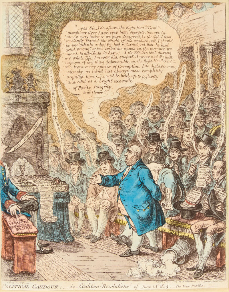 “Political Candour”, hand coloured etching by James Gillray