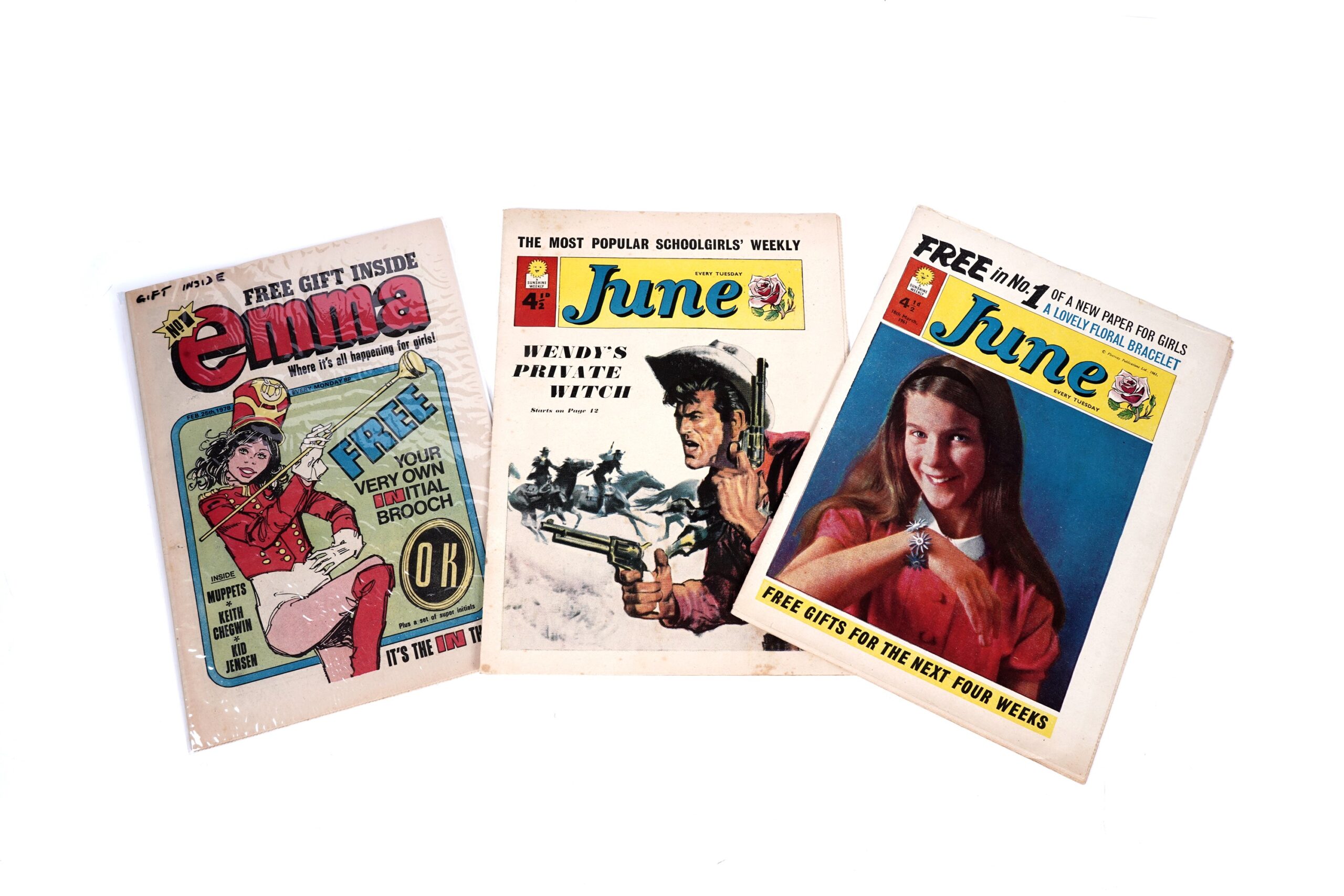 June Comic for Girls by Fleetway No.1, 18th March 1961, and another early issue 2nd September 1961; together with Emma No. 1, complete with initial brooch give-away