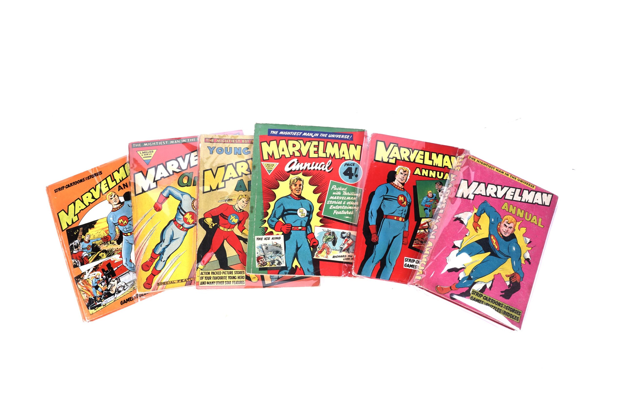 1950’s and early 1960’s Marvelman and Young Marvelman annuals by L. Miller and Son Ltd – three hardback annuals and three earlier softcover editions. (6)