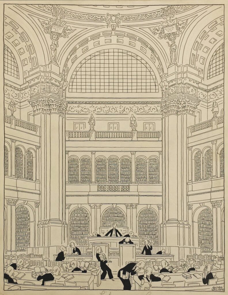 "The National Capital Library of Congress" by artist Gluyas Williams, originally published in The New Yorker on March 20th, 1943. 
