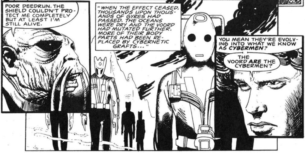 Panels from “The World Shapers” by Grant Morrison, art by John Ridgway, from “The World Shapers” from Doctor Who Magazine Issue 129