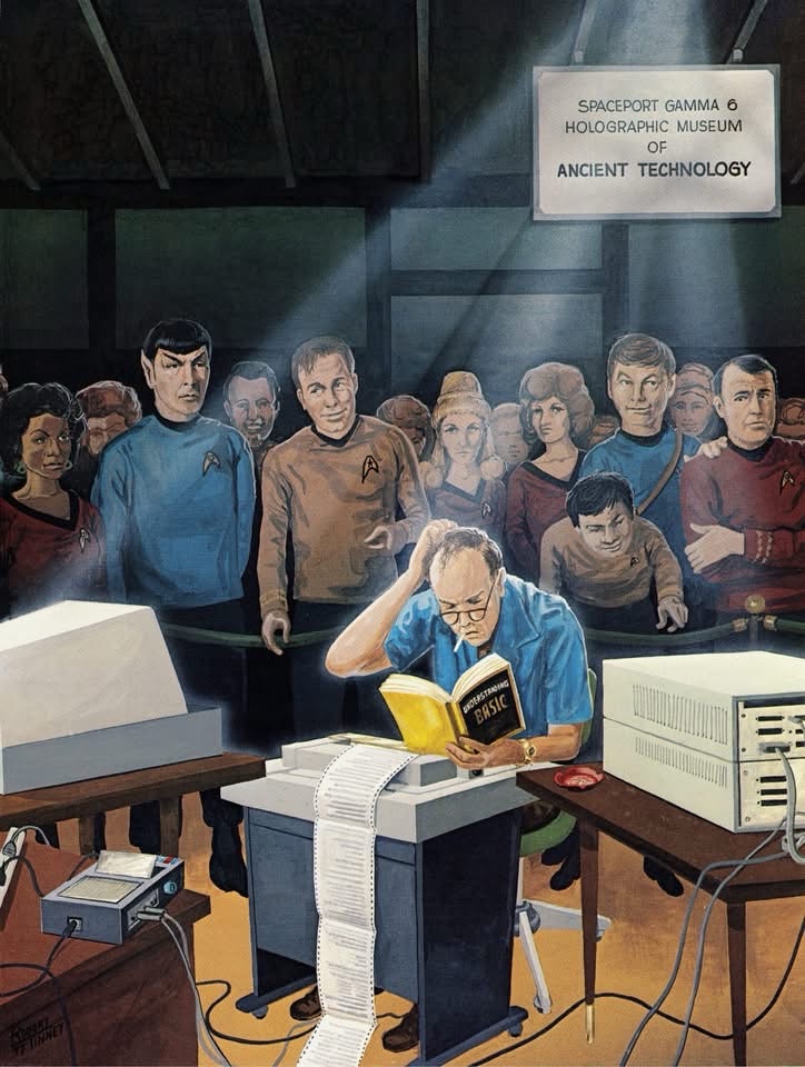 Robert Tinney’s cover for BYTE Magazine, December 1977, also known as "The Small Systems Journal". Cover art via Adam Rowe, author of World’s Beyond Time and curator of 70sscifiart project. The cover illustration, titled "Spaceport Gamma 6 Holographic Museum of Ancient Technology," posited a visit by the crew of the U.S.S Enterpriseto a holographic museum of ancient technology that had an exhibit devoted to personal computing, circa 1977. Robert used a Willard Nico and a 8080 based computer system with dual floppy disk, video terminal and DECwriter as models for the diorama. The cassette recorder, made obsolete by the disk drives, is shown unused