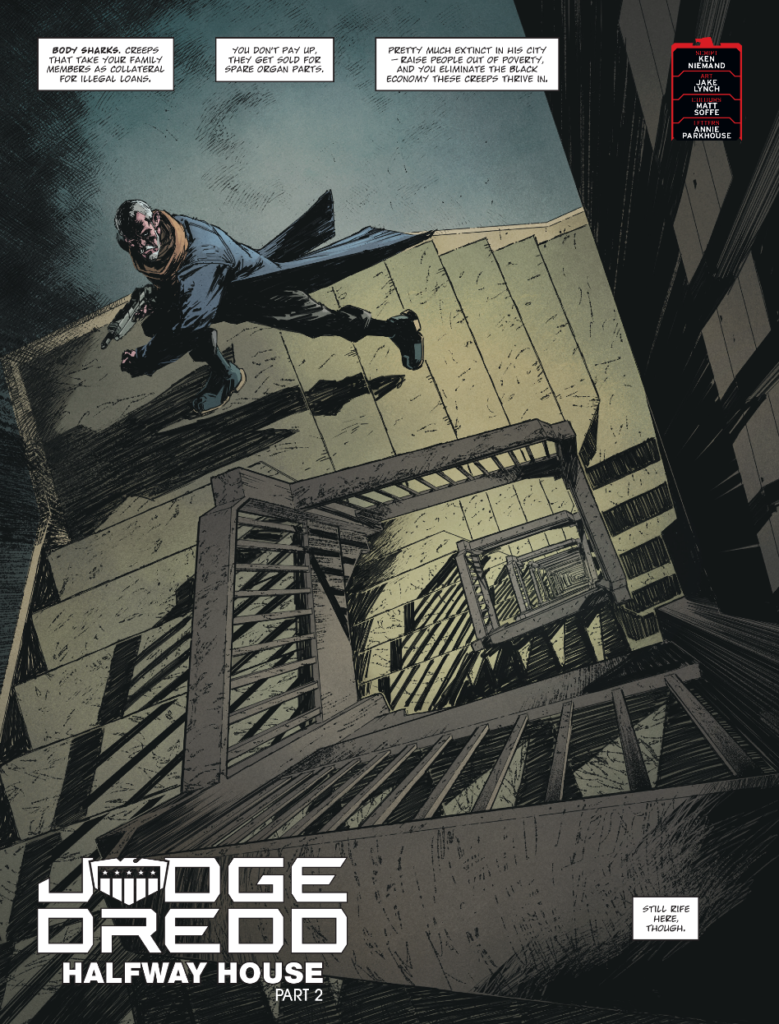 JUDGE DREDD MEGAZINE 489 - JUDGE DREDD // HALFWAY HOUSE
by Ken Niemand (Writer) Jake Lynch (Artist) Matt Soffe (Colourist) Annie Parkhouse (Letterer)