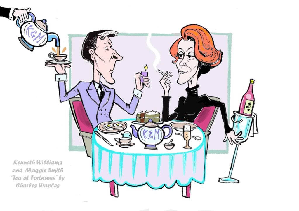 Kenneth Williams and Maggie Smith by Charles Waples. Charles has kindly given us permission to feature his art here on downthetubes