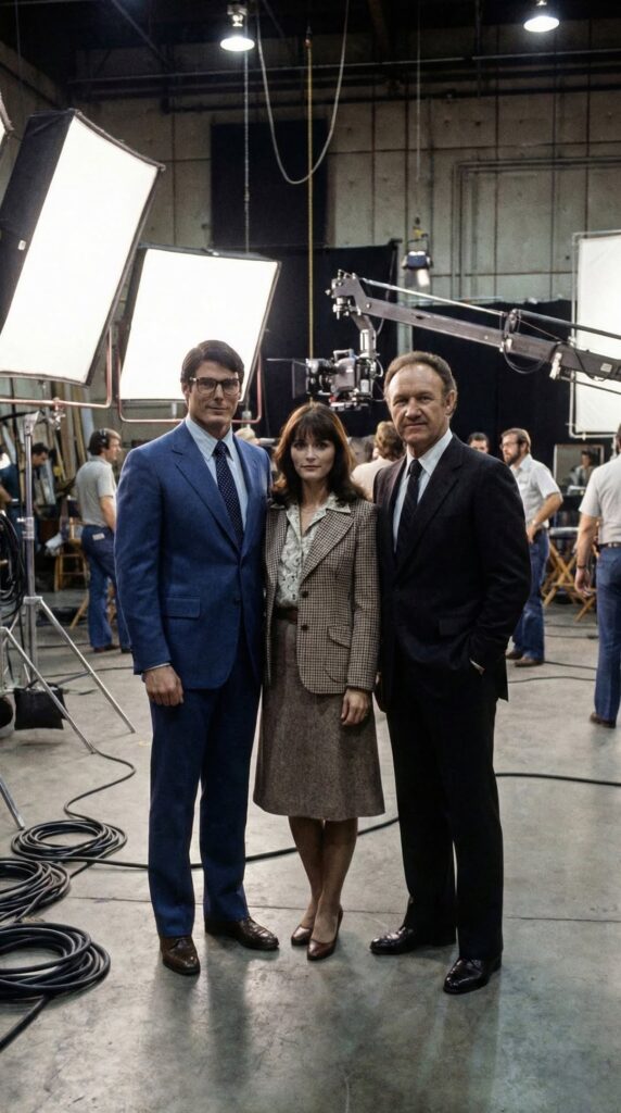 Christopher Reeve (Clark Kent), Margot Kidder (Lois Lane) and Gene Hackman (Lex Luthor) on the set of Superman (1978)