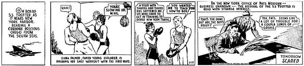 Inauspicious beginnings: the first ‘Phantom’ strip, written and drawn by Lee Falk, Ray Moore soon coming on board as artist