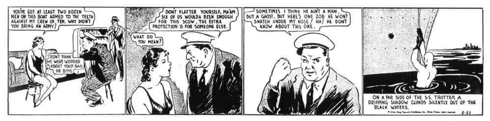 The Phantom made his first appearance in the final panel of the fifth daily instalment of his daily comic strip, after his future girlfriend/wife Diana Palmer played the central role in the earlier strips
