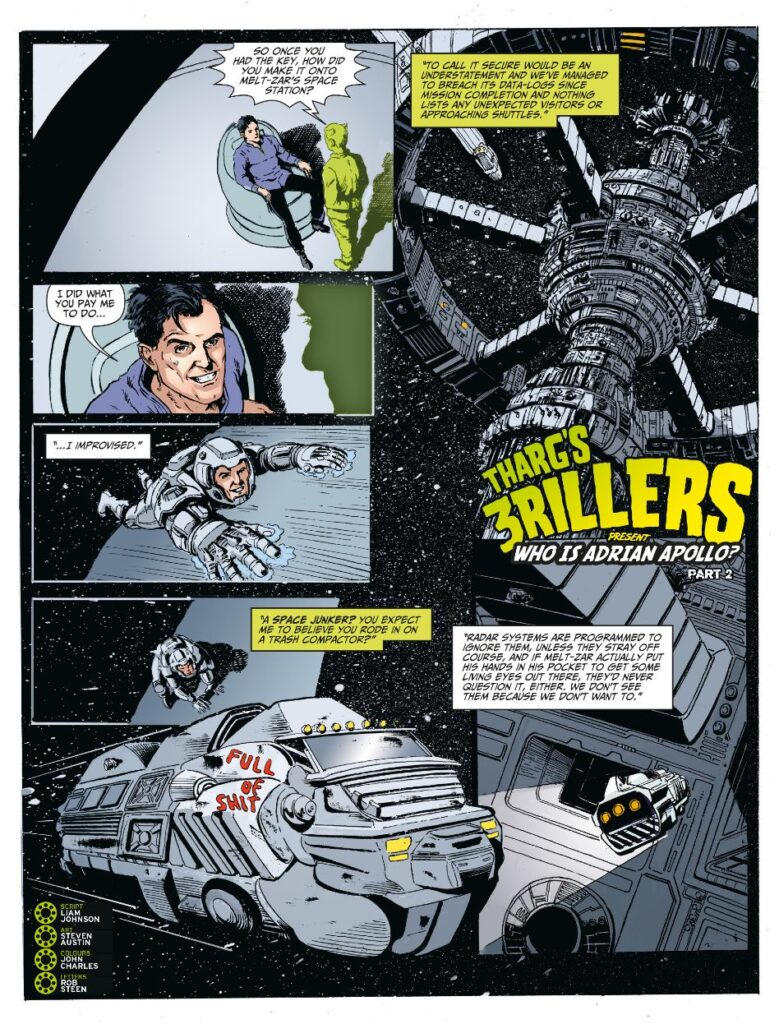 2000AD Prog 2474 - THARG’S 3RILLERS // WHO IS ADRIAN APOLLO? By Liam Johnson (w) Steven Austin (a) John Charles (c) Rob Steen (l)