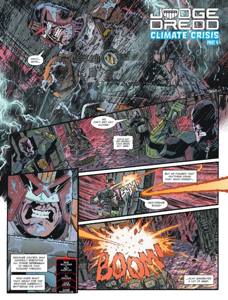2000AD Prog 2474 - JUDGE DREDD // CLIMATE CRISIS By Rob Williams & Ned Hartley (w) PJ Holden (a) Jack Davies (c) Annie Parkhouse (l)