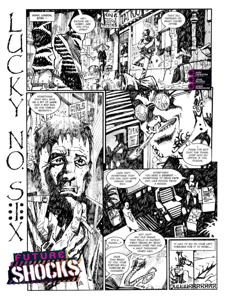 2000AD 2475 - THARG’S FUTURE SHOCKS // LUCKY NO SIX
Script: Andi Ewington / Art: John McCrea / Letters: Annie Parkhouse