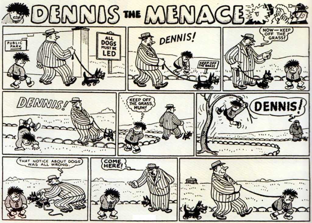 Happy 75th Birthday to Dennis The Menace, who first appeared in The Beano in Beano No. 452, cover dated Saturday 17th March 1951, which went on sale on Wednesday 14th March 1951. Art by David Law (1951–1971)