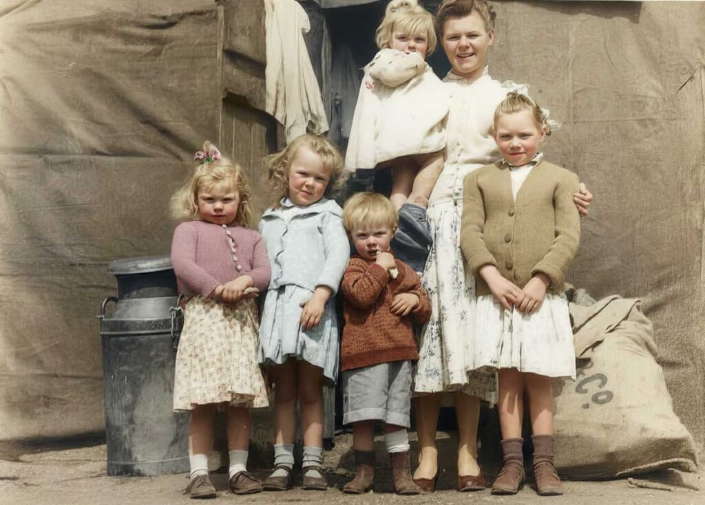 The Wells family at Shave Green compound during the 1960s. Left to right: Pauline, Susie, Kennie, mum Eileen with baby Shirley and Linda. Photo by Jack Loveland
