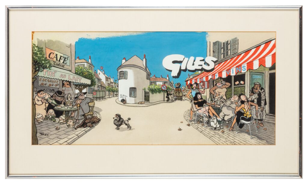 Cover artwork for the ninth series Giles Annual, Daily Express, 1954-55, depicting a French cafe scene featuring the Giles family, with Grandma pouring wine and Mother glowering at Father, ink, watercolour and bodycolour on board, image 34 x 72 cm. As opposed to the relentless nature of the daily cartoon, these were a labour of love which Giles worked on for months.