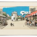 Cover artwork for the ninth series Giles Annual, Daily Express, 1954-55, depicting a French cafe scene featuring the Giles family, with Grandma pouring wine and Mother glowering at Father, ink, watercolour and bodycolour on board, image 34 x 72 cm. As opposed to the relentless nature of the daily cartoon, these were a labour of love which Giles worked on for months.