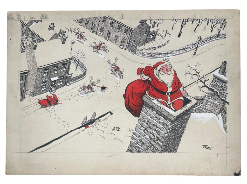 Father Christmas descending a chimney, artwork for a Christmas card, signed lower right, ink, watercolour and bodycolour on board, pencil measurements in margins, image 32 x 48 cm, board 38 x 54 cm, n.d. Unframed art. Giles was particularly associated with Christmas, each year dedicating much of his time to producing cards and designs commissioned by charities.