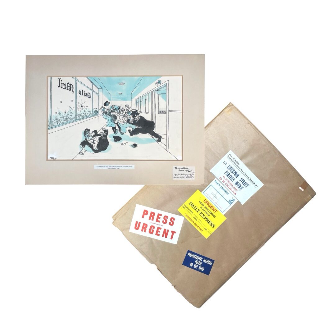Giles Cartoon depicting the Daily Mail, and associated packaging. “Got a right one here, Sir - claims he’s in the first three for the £5 crossword prize.”, depicting a scene outside the editor's office at the Daily Mail, signed lower left, ink and wash on board, inscribed label to mount: “To Harold - from ‘Giles’ ‘82. May the brilliance of the wit compensate for the absence of the artistry!”, image 31 x 48 cm, overall 47 x 65 cm, within the original parcel paper featuring ‘Press Urgent’ and ‘Liverpool Street Parcels Office per passenger train’ labels, and addressed to Harold Keeble as editor of the Daily Express, 24th February, 1982. Giles refused to work from Fleet Street, instead sending each cartoon by train from his home in Ipswich to Liverpool Street Station. His process of drawing cartoons on the day often caused headaches for editors on a deadline.