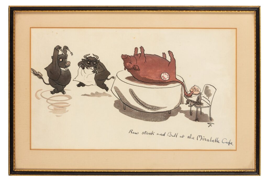 Giles "Raw steak and Bull at the Mirabelle Cafe" political satire, ink and wash on paper, initialled lower right, image 25 x 42 cm. First opened in 1936, the Mirabelle was a fashionable cafe frequented by figures such as Winston Churchill and Edward Heath. This art was gifted by the artist to his friend Harold Keeble, who worked as an assistant editor of The Daily Express, and editor of the Sunday Express from 1952 - 54. Subsequently gifted to the vendor.