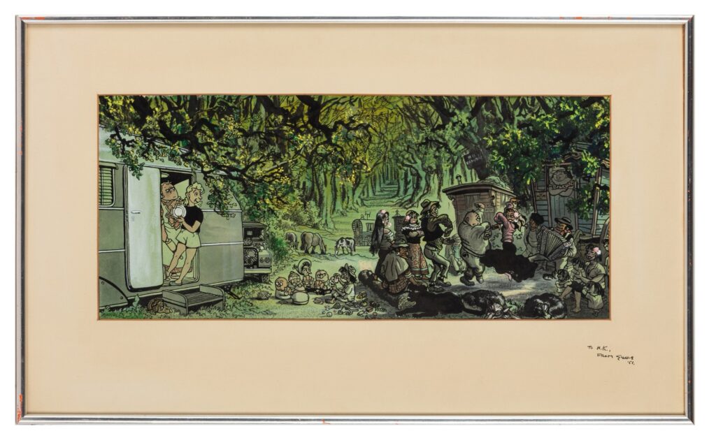 Giles ‘No Camping’, featuring the Giles family, 1951 ‘No Camping’, featuring the Giles family, with Mother glowering at Father, and a Traveller family, mixed media on board, inscribed by Giles to mount: ‘To H. K., FROM GILES ‘51.’, image 23 x 52 cm. Fabulously coloured by Giles. At this time, Giles was following the circus concerned around, in his caravan. It was a cold Autumn into Winter, so much so, he caught Pneumonia and was Hospitalised, as a result! Provenance: Gifted by the artist to his friend Harold Keeble, who worked as an assistant editor of The Daily Express, and editor of the Sunday Express from 1952 - 54. Subsequently gifted to the vendor.