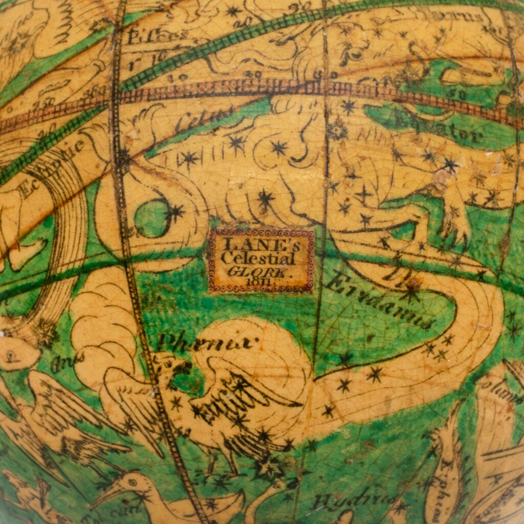 Lane’s Celestial Globe, 1811. 3 inch pocket globe, with 12 hand-coloured engraved paper gores, calottes at poles, and paste-over rectangular title cartouche, the night sky coloured blue (except for along ecliptic line) with constellations left uncoloured, over plaster sphere, varnished, axis pivots, housed within original shagreen clamshell case, with hooks and eyes, plain paper interior lining, surface abrasion to Ursa Minor figure, some loss to case cover. Nicholas Lane (fl. 1775 - 1783), was particularly associated with the production of a pair of pocket globes in about 1779, with gores derived from those designed by James Ferguson (1710 - 1776). The globe was updated in 1807 by his son Thomas Lane (fl. 1801 - 1829), who continued to revise the globe up until the 1820s. Pocket globes’ lack of precision made accurate calculations impossible and makers continued to use pictorial constellation figures, even after they fell out of use on larger, scientific globes. Pocket globes were therefore more likely to serve as status symbols or educational aids.