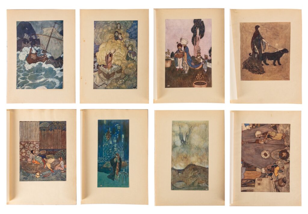 Edmund Dulac - Collection of 44 mounted prints. 44 mounted with the original printed cover sheet from his 'Arabian' series of illustrated books, each page about 245 x 190mm. (1907)