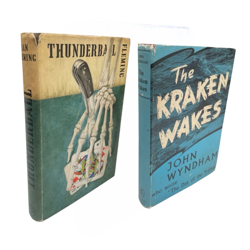Thunderball, first edition, first impression, the ninth Bond novel and the first in the Blofeld trilogy, inscribed “From George Reid” to front free endpaper, original cloth, dust jacket, minor short tears to extremities, 8vo, Jonathan Cape, 1961; and The Kraken Wakes, first edition, original cloth, dust jacket, minor short tear to bottom edge, some spotting to dust jacket, offsetting to endpapapers, 8vo, Michael Joseph, 1953