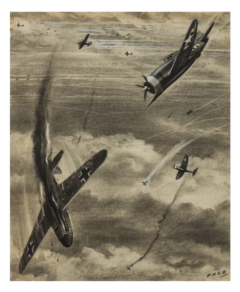 “Allied air invasion stepped up as invasion date draws near”, drawn for the Ministry of Information, charcoal and ink on paper with highlights in white, signed “Page” (Claude A. Page) lower right, from the “Carroll Art Collection” ink stamp verso, overall 84 x 72 cm, circa 1944. I’ve so far been unable to find information on the artist, his name drowned out on search engines by gratuitous self promotion for Anthropic’s under fire AI