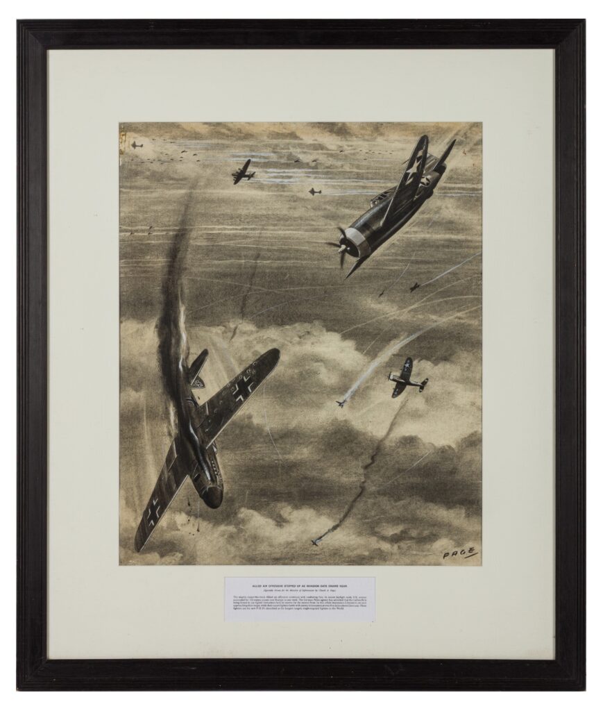 “Allied air invasion stepped up as invasion date draws near”, drawn for the Ministry of Information, charcoal and ink on paper with highlights in white, signed “Page” (Claude A. Page) lower right, from the “Carroll Art Collection” ink stamp verso, overall 84 x 72 cm, circa 1944. I’ve so far been unable to find information on the artist, his name drowned out on search engines by gratuitous self promotion for Anthropic’s under fire AI