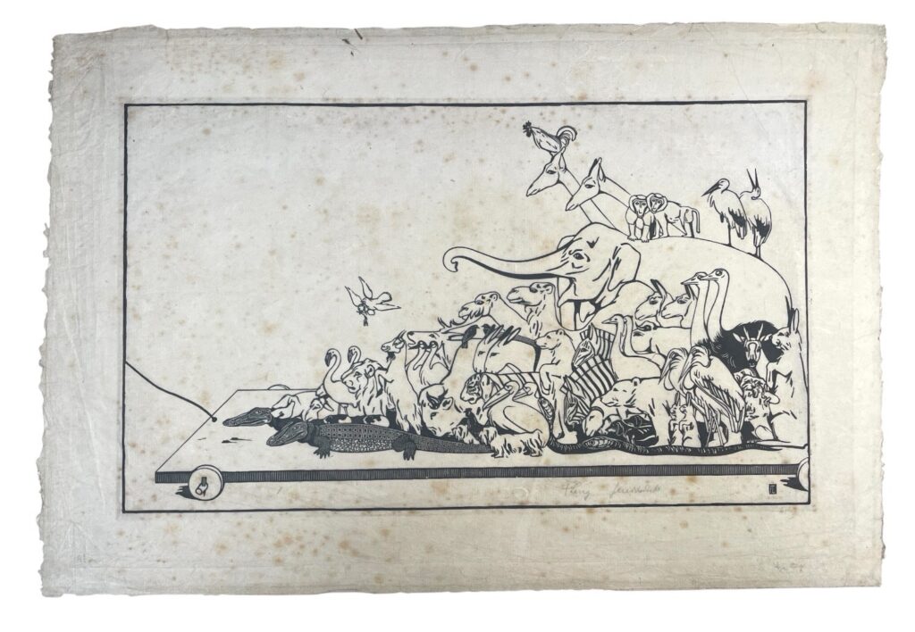 Noah's Ark, woodcut, signed “F. Lang” and labelled “baudruck” in pencil, monogram within image, on Japanese paper, spotting, edges laid down, sheet 41 x 61 cm