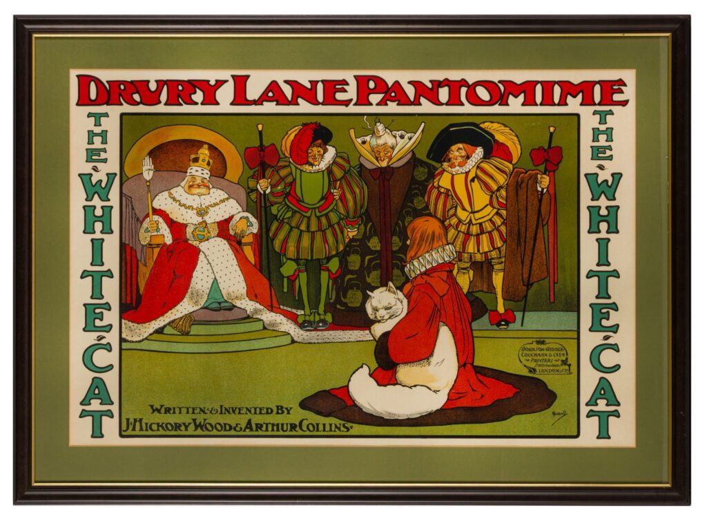 “The White Cat”, a poster by John Hassall (1904). Lithographic poster of a Dury Lane Pantomime, c. 500 x 800mm. This Hassall design is belived to be the last pantomime poster for the Dury Lane Theatre as it closed for several years at the end of that season.