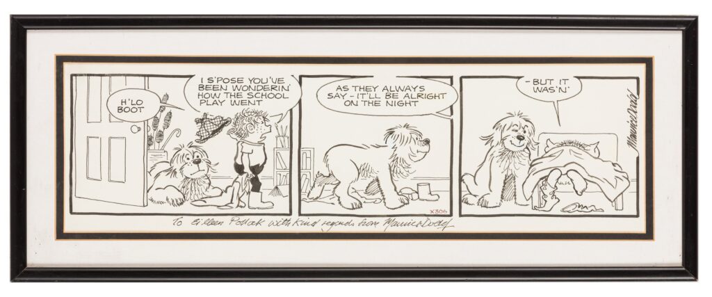 “The Perishers” original art for the Daily Mirror, pen and ink on board, signed and inscribed by artist Maurice Dodd "To Eileen Pollock with kind regards", framed and glazed. Dimensions: 20 x 7"