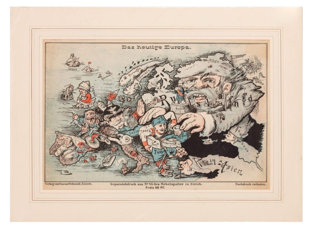 A serio-comic map of Europe, “T.B.”, Das heutige Europa, from Nebelspalter magazine, with each country anthropomorphised according to its current political and international circumstances, lithograph, several repaired short tears and larger one on right-hand side, 35 x 52 cm, Zürich, Verlag von Caesar Schmidt, 1887.