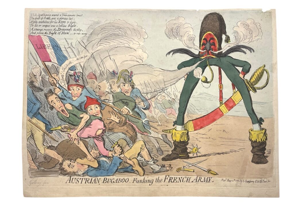 “Austrian bugaboo, funking the French army”, hand-coloured etching by James Gillray, on wove paper, no watermark, a satire on the panic-stricken flight from Tournay which was followed by the murder of Dillon, browned, some loss and two short tears to upper edge, (BM Satires 8086), sheet 263 x 356mm, Hannah Humphrey, 12 May 1792, or later. Part of a larger lot offered by Chiswick Auctions, March 2026