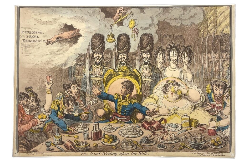 “The Hand-Writing upon the Wall”, hand-coloured etching, on wove paper, no watermark, an invasion print: Napoleon boasted in June that he needed only three days of fog to be master of London, mounted at edges, pin holes to corners, (BM Satires 10072), by James Gillray, 1803, or later. Part of a larger lot offered by Chiswick Auctions, March 2026