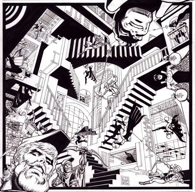 Green Arrow versus Vertigo by Trevor von Eeden, inspired by “Relativity” by M.C. Escher
