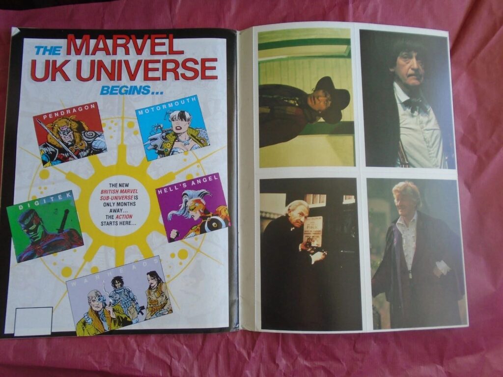 Doctor Who Magazine 185’s free postcards, alongside an advertisement promoting the arrival of the Genesis 1982 “Marvel Universe”