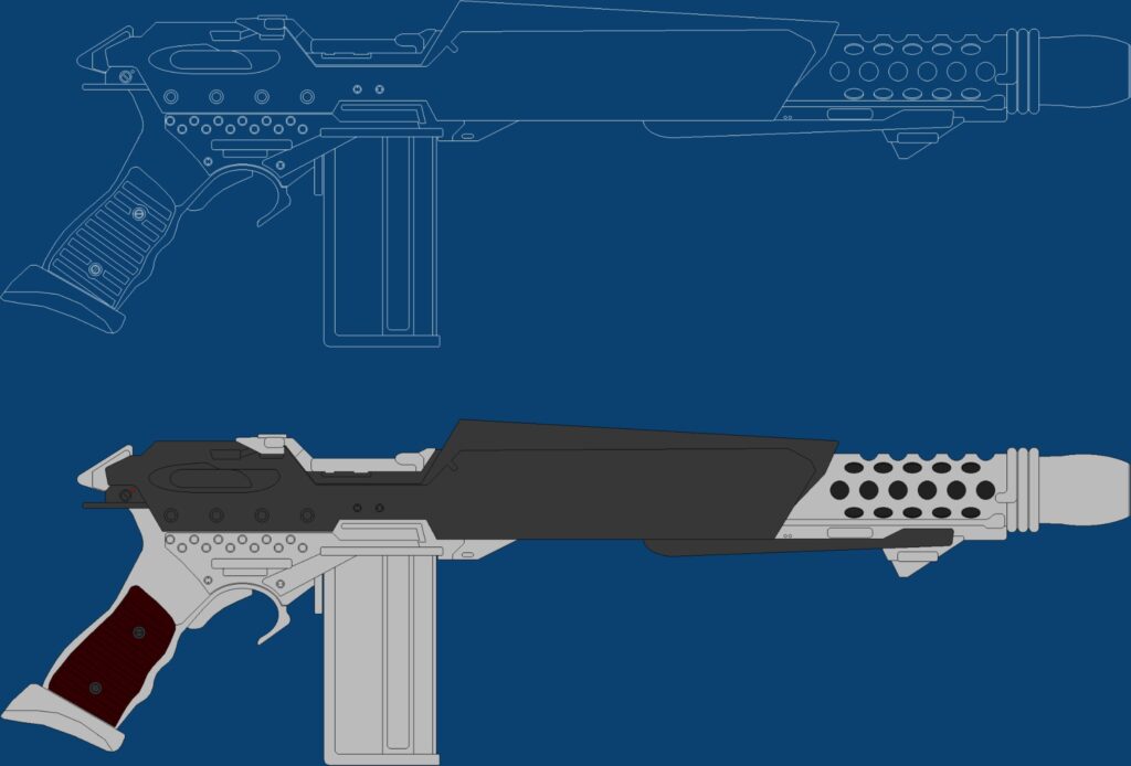 Assault Rifle as seen on a 2000AD cover. Judge Dredd is holding it and sitting on a shot-up block which reads CRIME - '"Any questions?". Art by Jonathan Bluestone