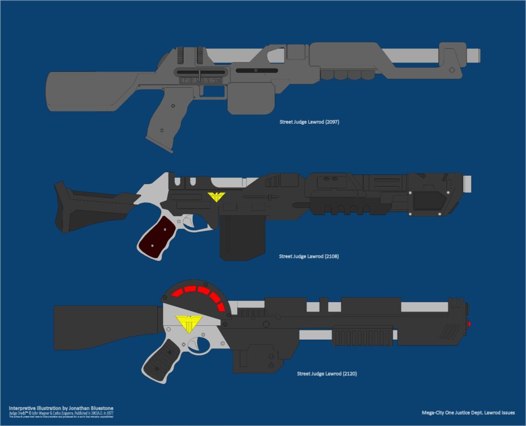 Jonathan Bluestone's take on the Lawrod, the original and variants - these are official, and the two lower ones seemingly were issued with the short-lived 3A Judge Dredd 12" figure
