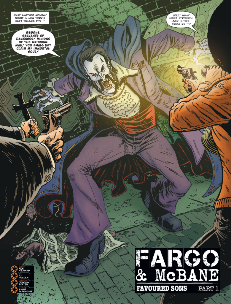 Judge Dredd Megazine 490 - FARGO & MCBANE // FAVOURED SONS By Ken Niemand (w) PJ Holden (a) Quinton Winter (c) Annie Parkhouse (l)