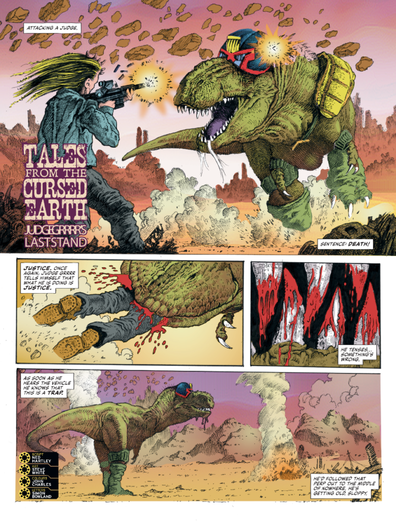 Judge Dredd Megazine 490 - TALES FROM THE CURSED EARTH // JUDGE GRRRR'S LAST STAND By Ned Hartley (w) Steve White (a) John Charles (c) Simon Bowland (l)