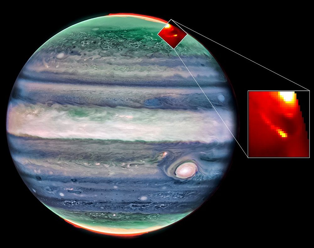 The NASA/ESA/CSA James Webb Space Telescope has captured the auroral footprints of Io and Europa, providing spectral measurements for the first time, and revealing extreme changes in the physical properties within Io's auroral footprint that are likely linked to the electrons crashing into the top of Jupiter's atmosphere. Webb/NIRCam Credit: NASA, ESA, CSA, Jupiter ERS Team; image processing by Judy Schmidt. Webb/NIRSpec Credit: Katie L. Knowles (Northumbria University)