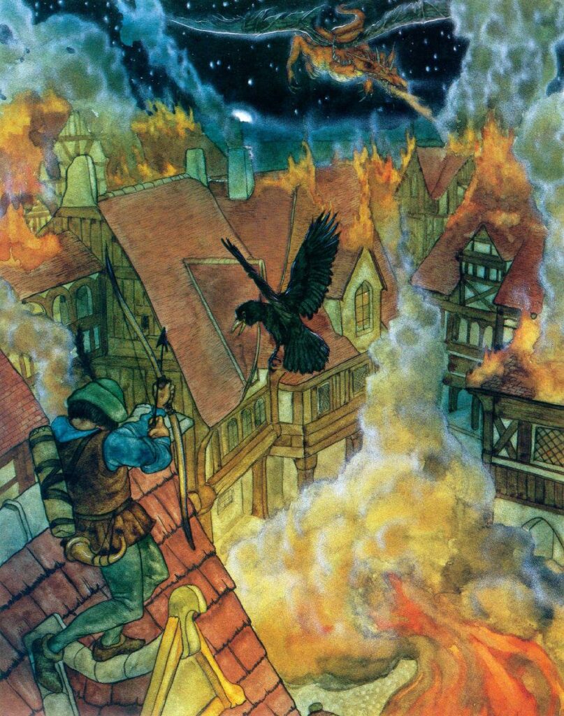 Bardo aims the black arrow at Smaug, in a scene from "The Hobbit", art by Michael Hague